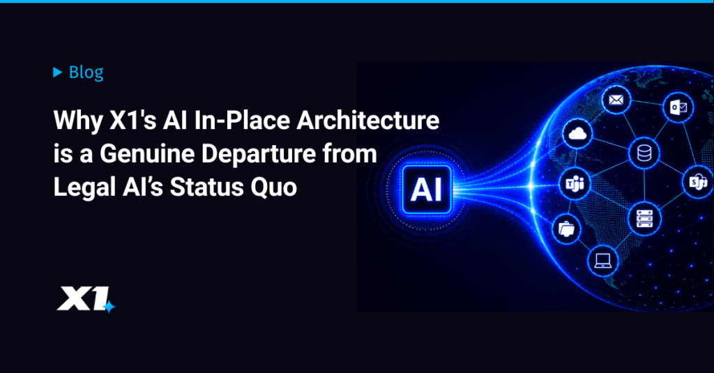 X1 AI In-Place Architecture — AI hub connecting to distributed enterprise data sources including Microsoft 365, email, cloud, and endpoints