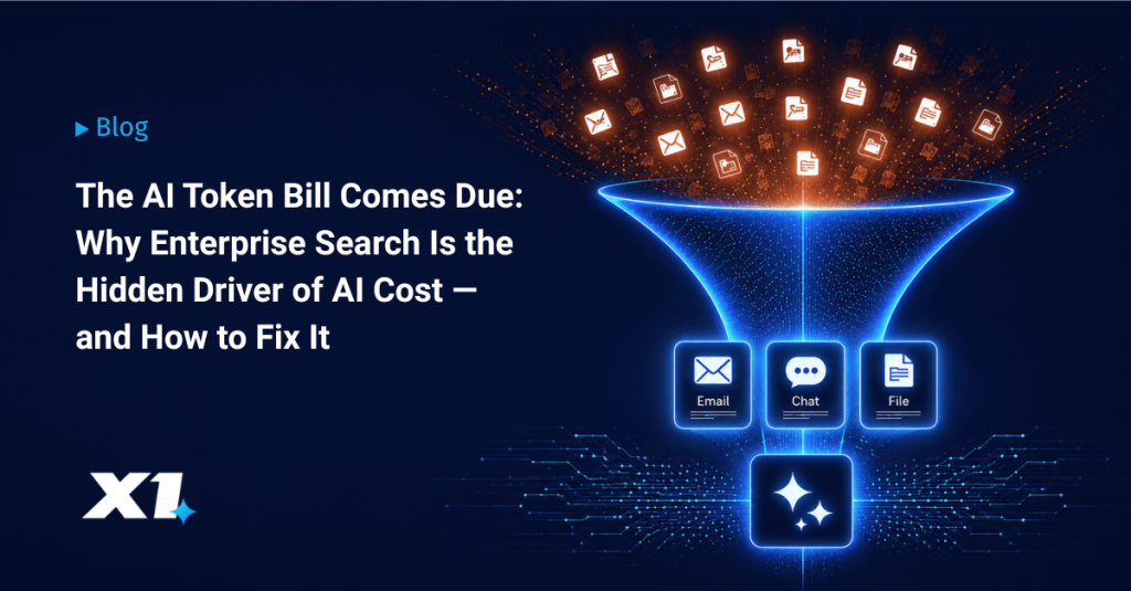 A graphic illustrating the blog title 'The AI Token Bill Comes Due: Why Enterprise Search Is the Hidden Driver of AI Cost — and How to Fix It'. It features a funnel shape with icons representing email, chat, and files, surrounded by digital elements and a blue background.